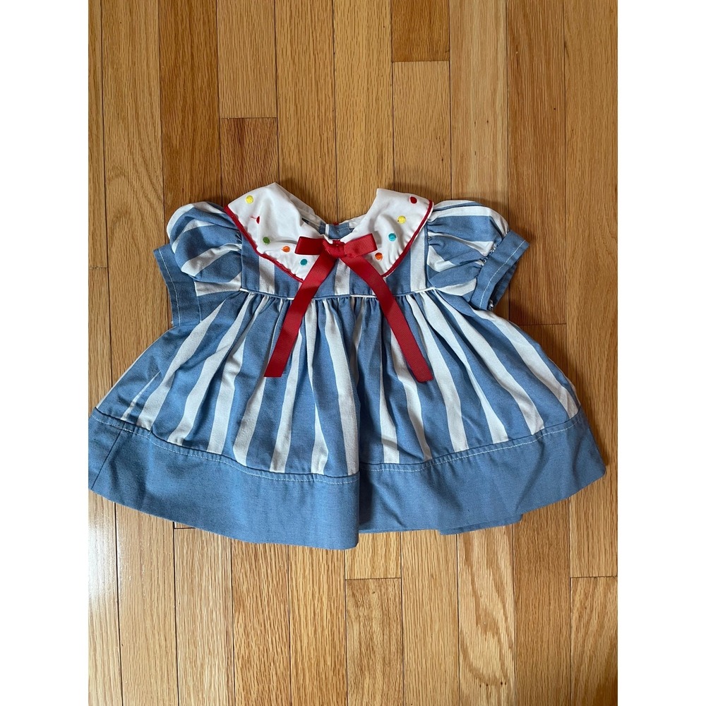 Vintage girls embroidered and striped collar dress with bow.  Size 3-6 months.